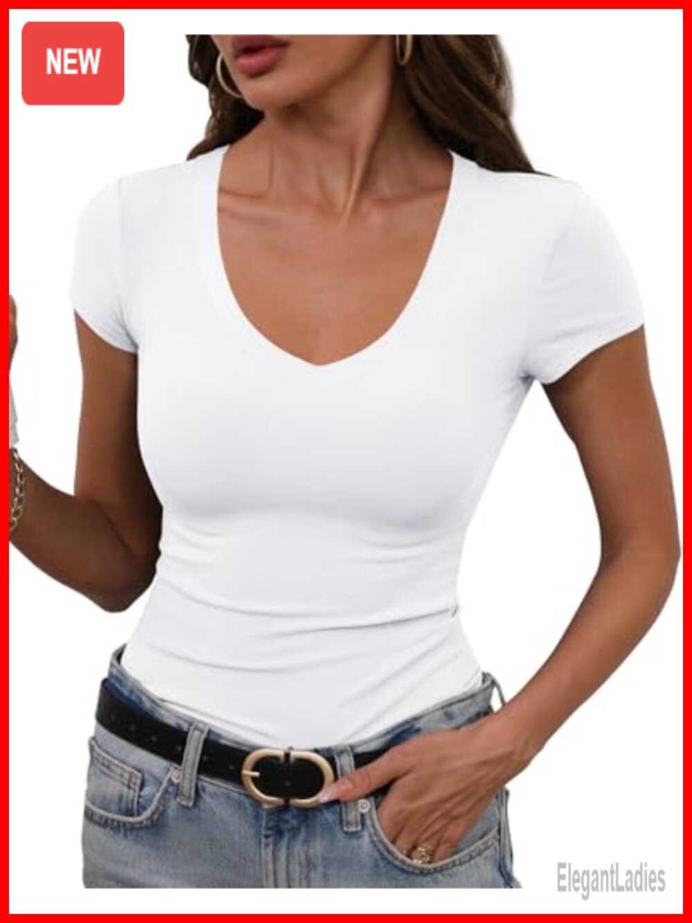 Ribbed Knit V Neck Short Sleeve Fitted Basic T-Shirt